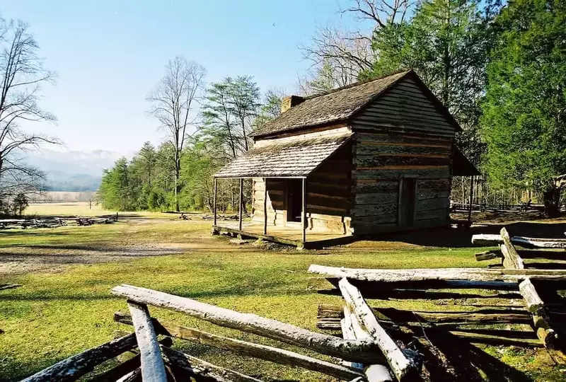 An exterior view of the historic John Oliver cabin in Great Smoky Mountains National Park.