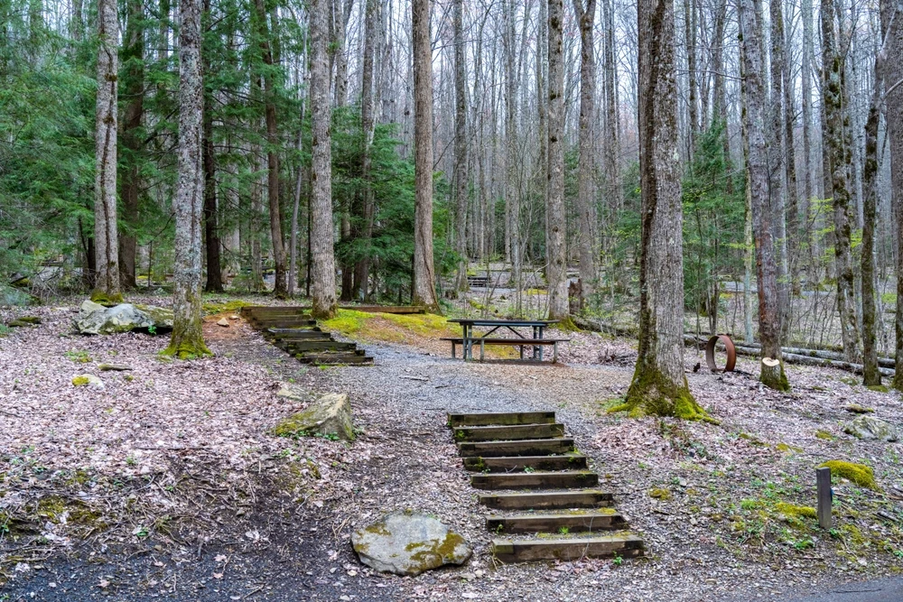 steps and picnic tables near a Smoky Mountain campground